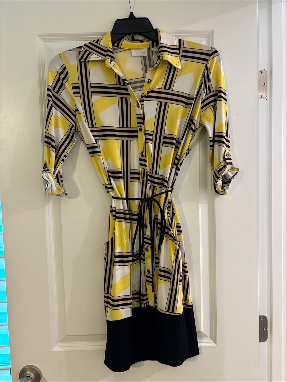 New York & Company Yellow Plaid Shirt Dress with Black Trim